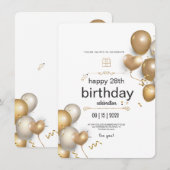 Birthday party over witte en gouden ballonnen kaart (Voorkant / Achterkant)