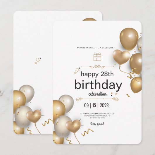 Birthday party over witte en gouden ballonnen kaart (Voorkant / Achterkant)