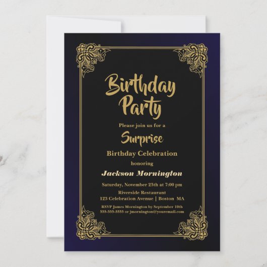 Birthday party over zwarte en goudsurrogaat kaart (Voorkant)