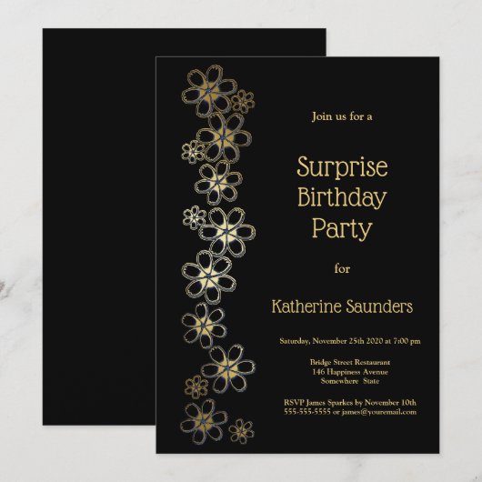 Birthday party over zwarte en goudsurrogaat kaart (Voorkant / Achterkant)