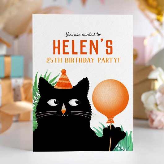 Birthday party over zwarte kat en ballon kaart