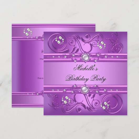 Birthday Party Paars Pink Pearl Jewel floral Kaart (Voorkant / Achterkant)