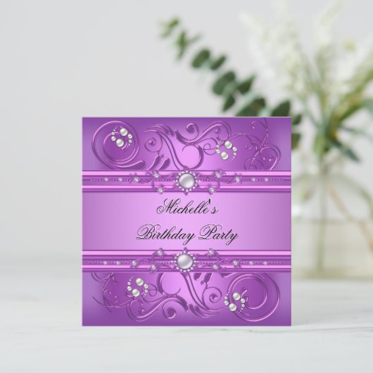Birthday Party Paars Pink Pearl Jewel floral Kaart (Staand voorkant)