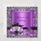 Birthday Party Paars Silver Black Bow Kaart (Voorkant)