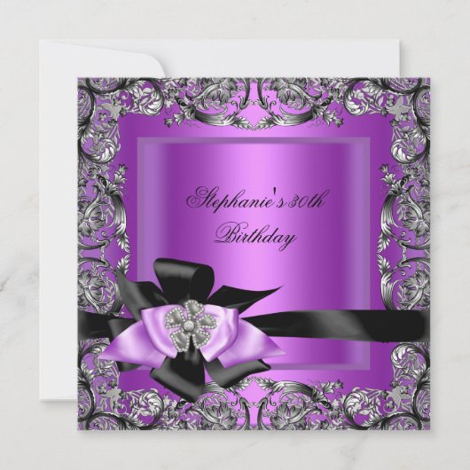 Birthday Party Paars Silver Black Bow Kaart (Voorkant)