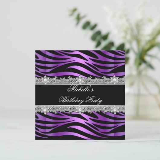 Birthday Party Paars Silver Zebra Diamond Black Kaart (Staand voorkant)