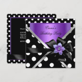 Birthday Party Paarse Black Polka Dots Kaart (Voorkant / Achterkant)