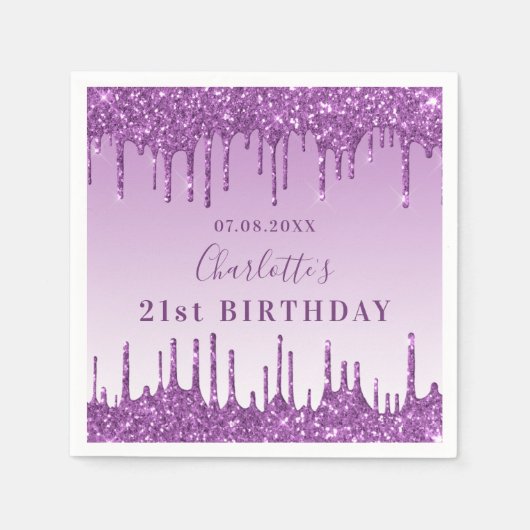 Birthday party paarse glitter drip monogram luxe servet (Voorkant)