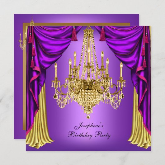 Birthday Party Paarse Gold Chandelier Drapes Kaart (Voorkant / Achterkant)