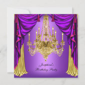 Birthday Party Paarse Gold Chandelier Drapes Kaart (Voorkant)