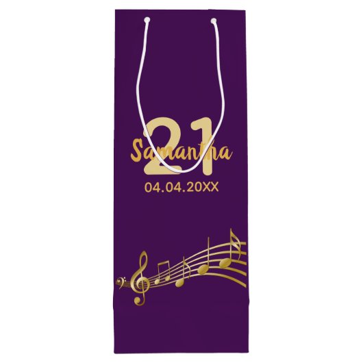 Birthday party paarse gold muzieknoten name wijn cadeautas (Achterkant)