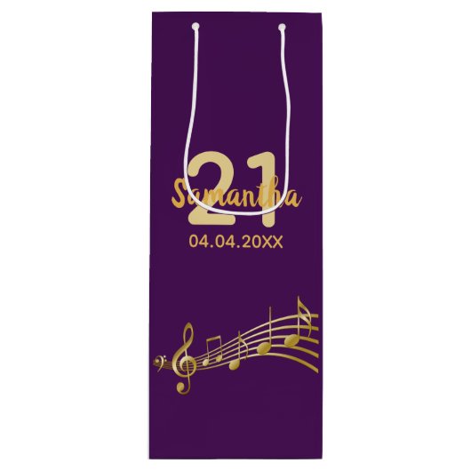 Birthday party paarse gold muzieknoten name wijn cadeautas (Voorkant)