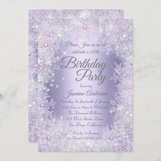 Birthday Party Paarse Silver Winter Wonderland Kaart (Voorkant / Achterkant)