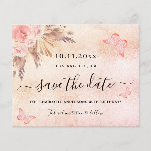 Birthday party pampas blush budget behalve datum flyer (Voorkant)