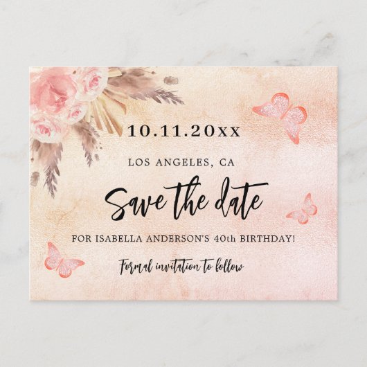 Birthday party pampas butterflies, behalve de datu aankondigingskaart (Voorkant)