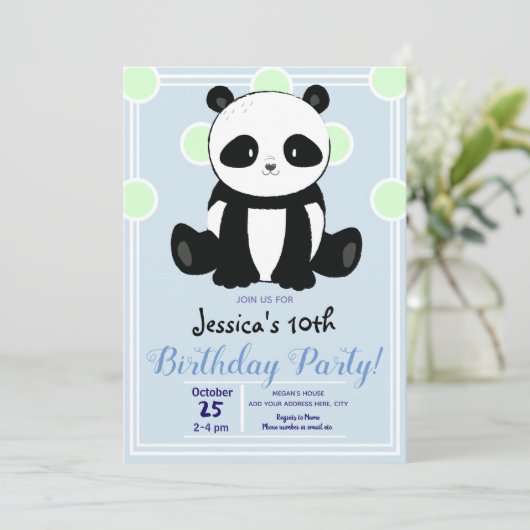 Birthday Party Panda en Blue Polka Dots Kaart (Staand voorkant)