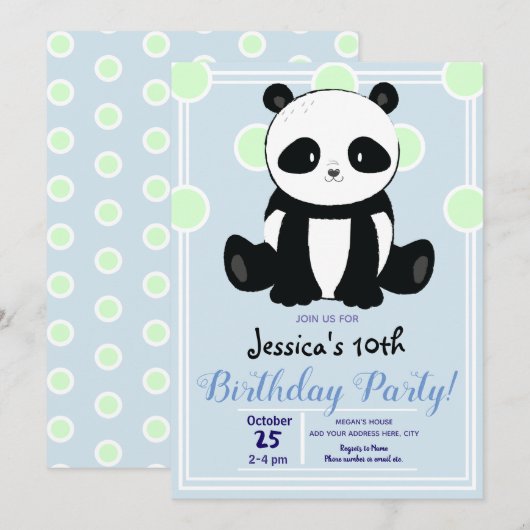 Birthday Party Panda en Blue Polka Dots Kaart (Voorkant / Achterkant)