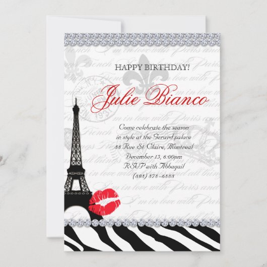 Birthday Party Paris Card Eiffel Tower Zebra Red Kaart (Voorkant)