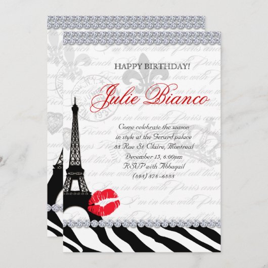 Birthday Party Paris Card Eiffel Tower Zebra Red Kaart (Voorkant / Achterkant)