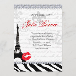 Birthday Party Paris Card Eiffel Tower Zebra Red Kaart