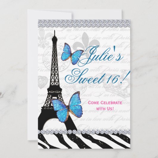 Birthday Party Paris Kaart Eiffel Tower Butterfly  (Achterkant)