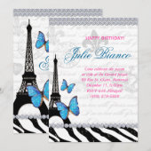 Birthday Party Paris Kaart Eiffel Tower Butterfly  (Voorkant / Achterkant)
