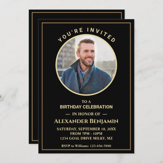 Birthday Party Photo Black Gold Custom Personalize Kaart (Voorkant / Achterkant)