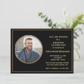 Birthday Party Photo Black Gold Personalize Kaart (Staand voorkant)