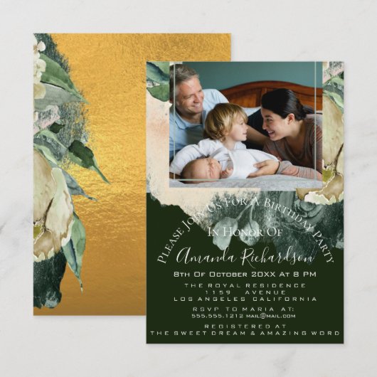 Birthday Party Photo Floral Gold Green Kaart (Voorkant / Achterkant)