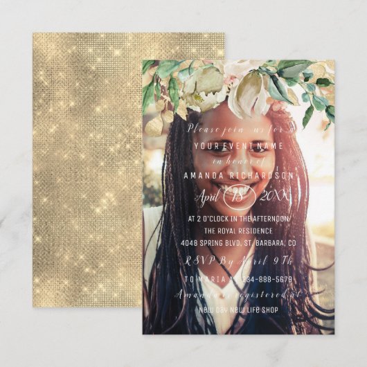 Birthday Party Photo Flowers Brunch Spark Gold Kaart (Voorkant / Achterkant)