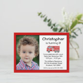 Birthday Party Photo Invitation Red Fire Engine Kaart (Staand voorkant)