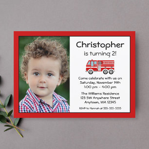 Birthday Party Photo Invitation Red Fire Engine Kaart