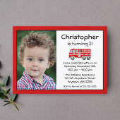Birthday Party Photo Invitation Red Fire Engine Kaart