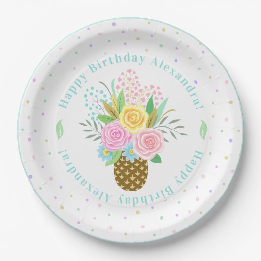 Birthday Party Pineapple Rozen Bouquet Pink Papieren Bordje (Voorkant)
