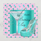 Birthday Party Pink Blauwgroen Blue Turquoise Kaart (Voorkant / Achterkant)