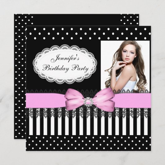 Birthday Party Pink Bow Black White Polka Dots Kaart (Voorkant / Achterkant)