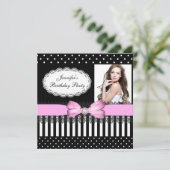 Birthday Party Pink Bow Black White Polka Dots Kaart (Staand voorkant)