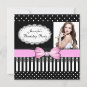 Birthday Party Pink Bow Black White Polka Dots Kaart (Voorkant)