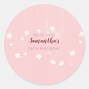 Birthday Party Pink Daisies Sweet Girly Script Ronde Sticker