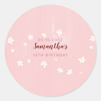 Birthday Party Pink Daisies Sweet Girly Script Ronde Sticker