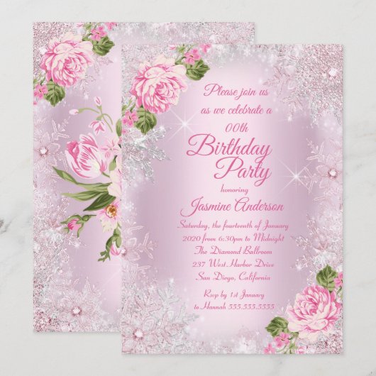 Birthday Party Pink Floral Winter Wonderland Kaart (Voorkant / Achterkant)