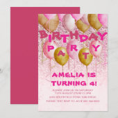 Birthday Party Pink & Gold Balloons Glitter Kaart (Voorkant / Achterkant)