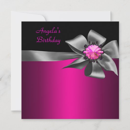 Birthday Party Pink Grey Bow Black Pink Jewel Kaart (Voorkant)