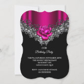 Birthday Party Pink Rose Black Silver Kaart (Achterkant)