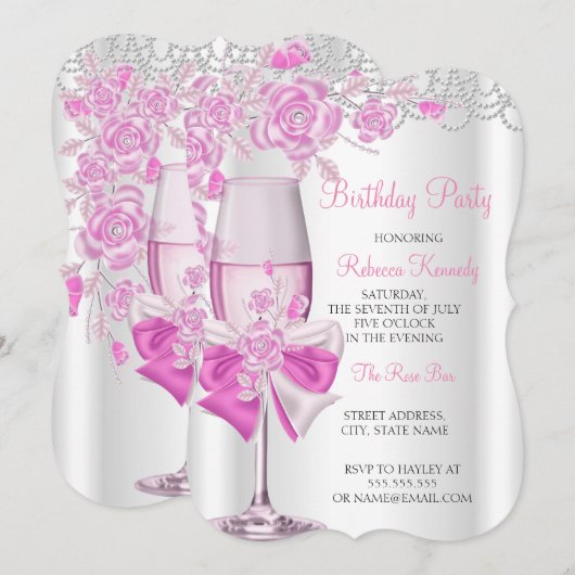 Birthday Party  Pink Rose Champagne Kaart (Voorkant / Achterkant)