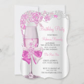 Birthday Party  Pink Rose Champagne Kaart (Voorkant)