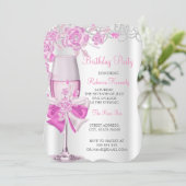 Birthday Party  Pink Rose Champagne Kaart (Staand voorkant)