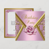 Birthday Party Pink Rose Damask Gold Afbeelding Kaart (Voorkant / Achterkant)