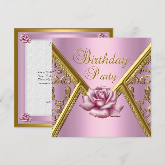 Birthday Party Pink Rose Damask Gold Afbeelding Kaart (Voorkant / Achterkant)