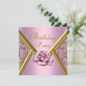 Birthday Party Pink Rose Damask Gold Afbeelding Kaart (Staand voorkant)